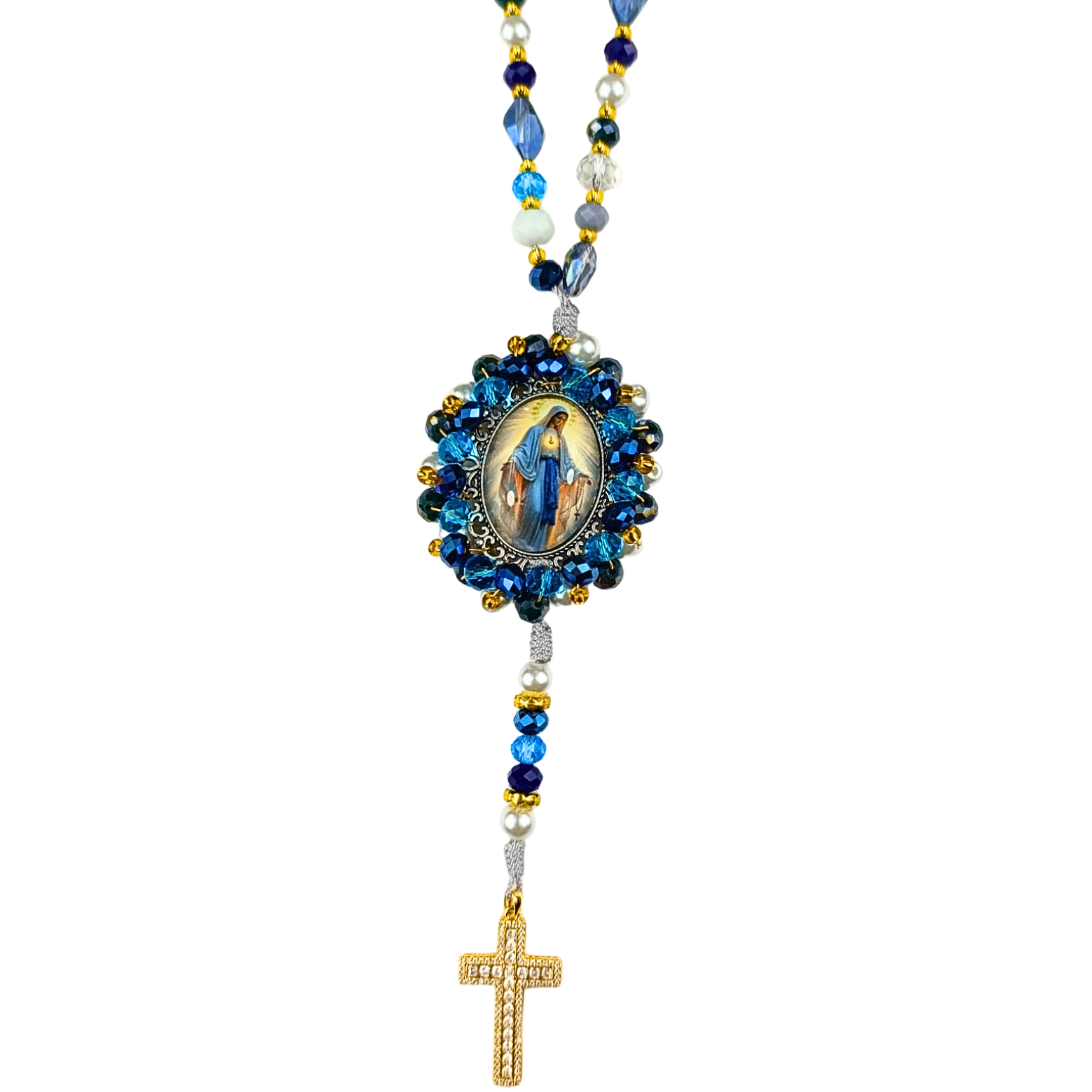 Rosario Virgen Milagrosa | Azul Cristal y Perla Transparente
