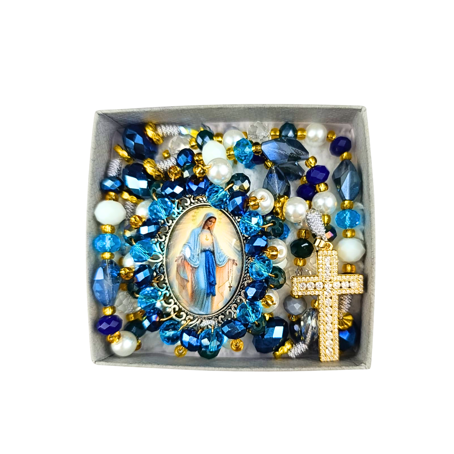 Rosario Virgen Milagrosa | Azul Cristal y Perla Transparente