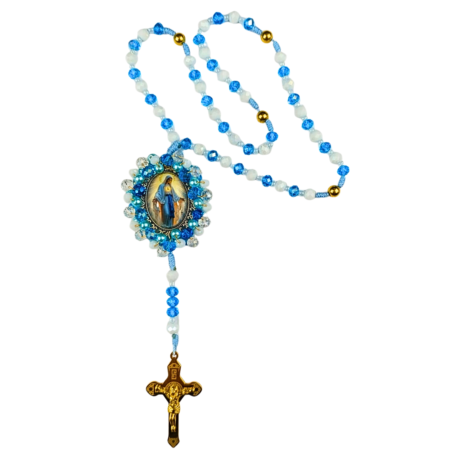 Rosario Virgen Milagrosa – Azul Cristal y Perla Blanca Celestial