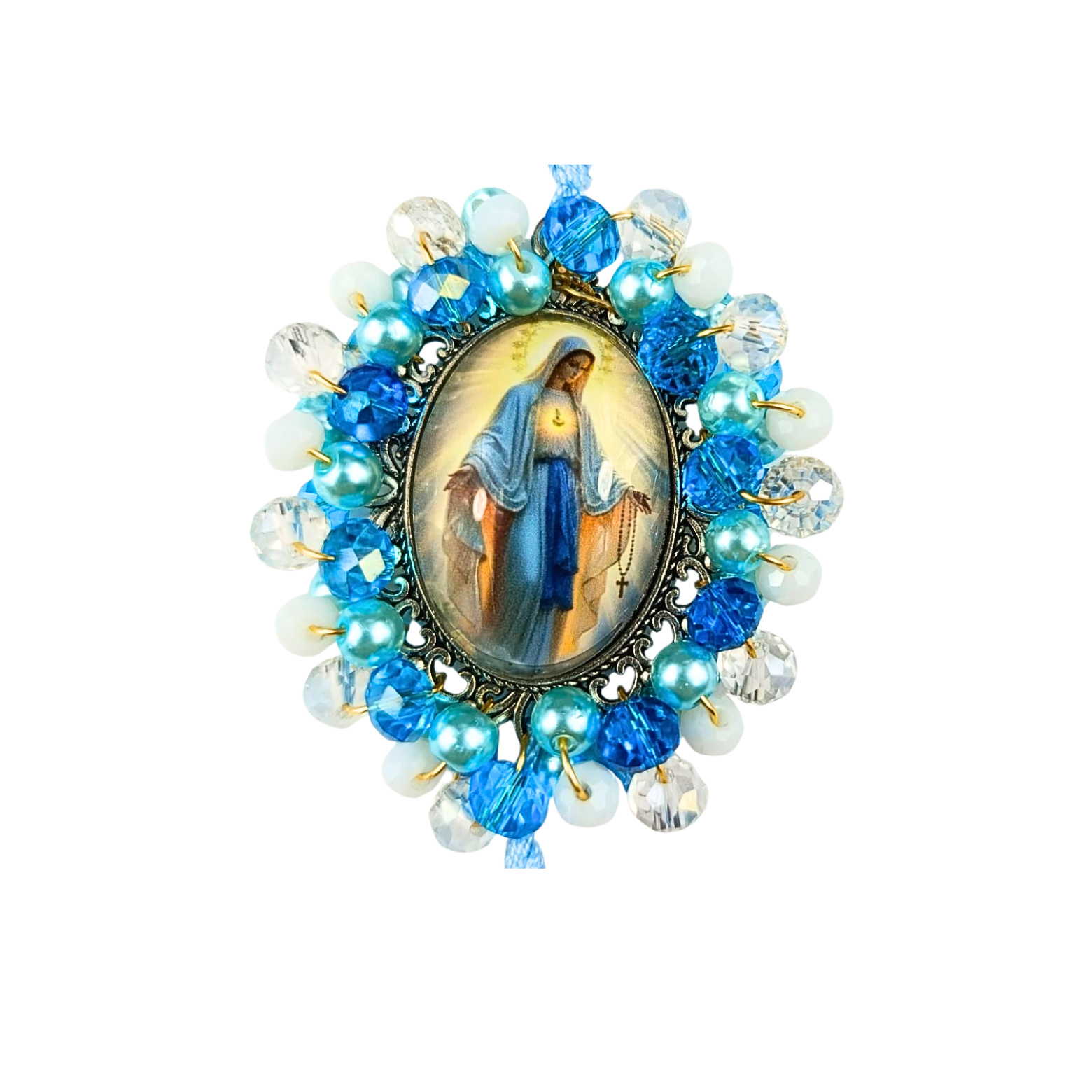 Rosario Virgen Milagrosa – Azul Cristal y Perla Blanca Celestial