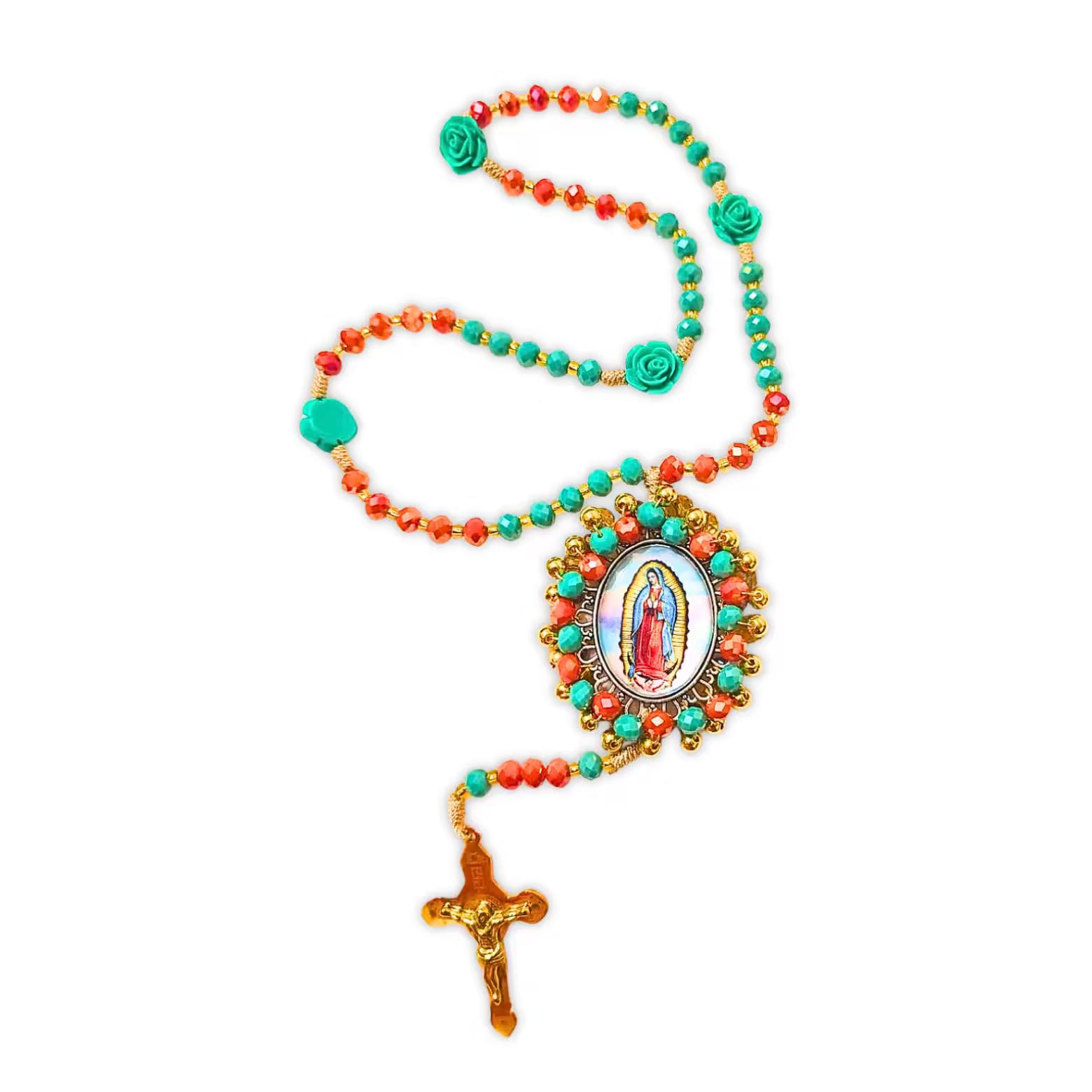 Rosario Virgen de Guadalupe – Turquesa, Coral y Rosas Verdes