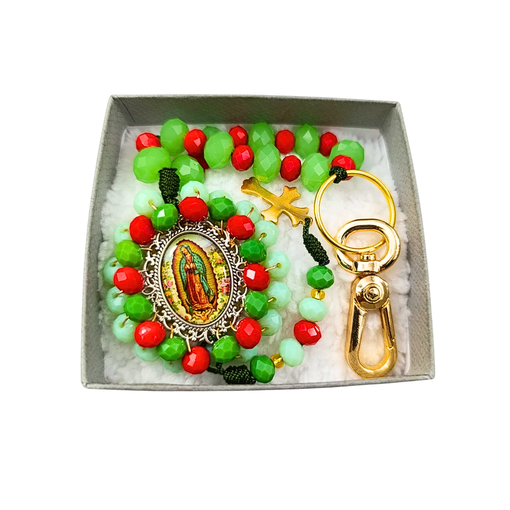 Llavero Decenario Virgen de Guadalupe | Verde y Rojo Cristal