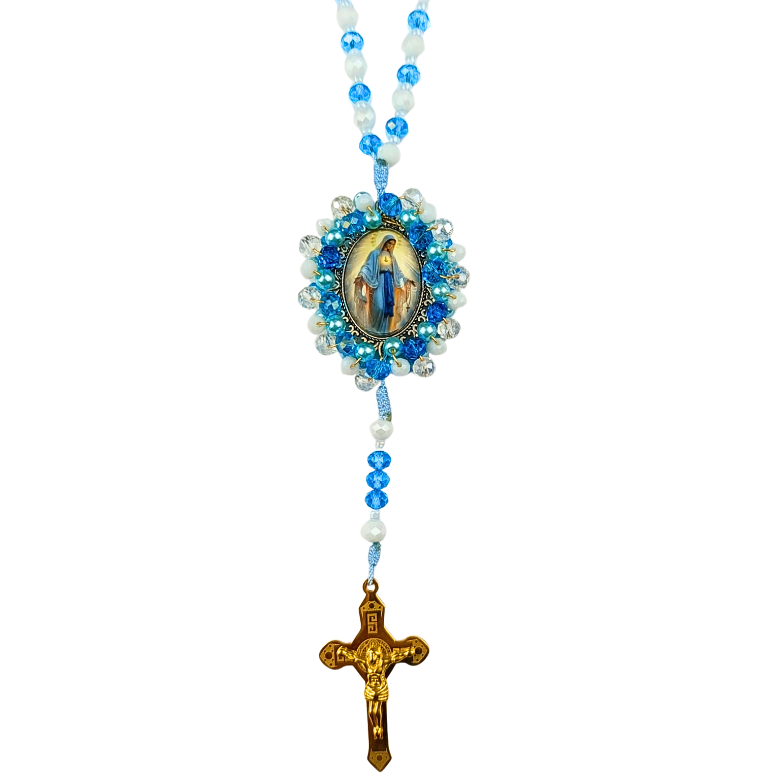 Rosario Virgen Milagrosa – Azul Cristal y Perla Blanca Celestial