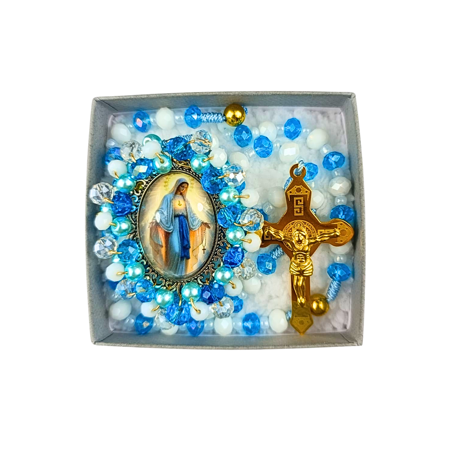 Rosario Virgen Milagrosa – Azul Cristal y Perla Blanca Celestial