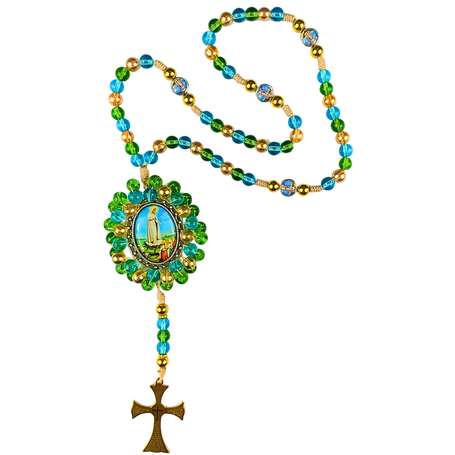 Rosario Virgen de Fátima | Verde Esmeralda Azul y Dorado