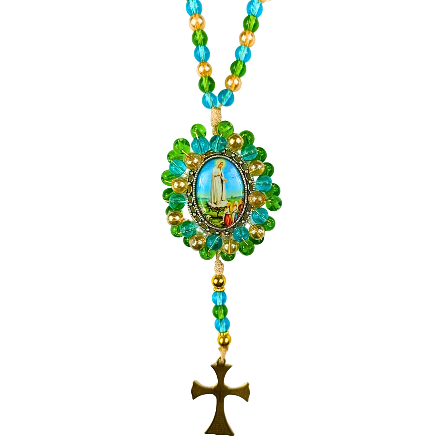 Rosario Virgen de Fátima | Verde Esmeralda Azul y Dorado