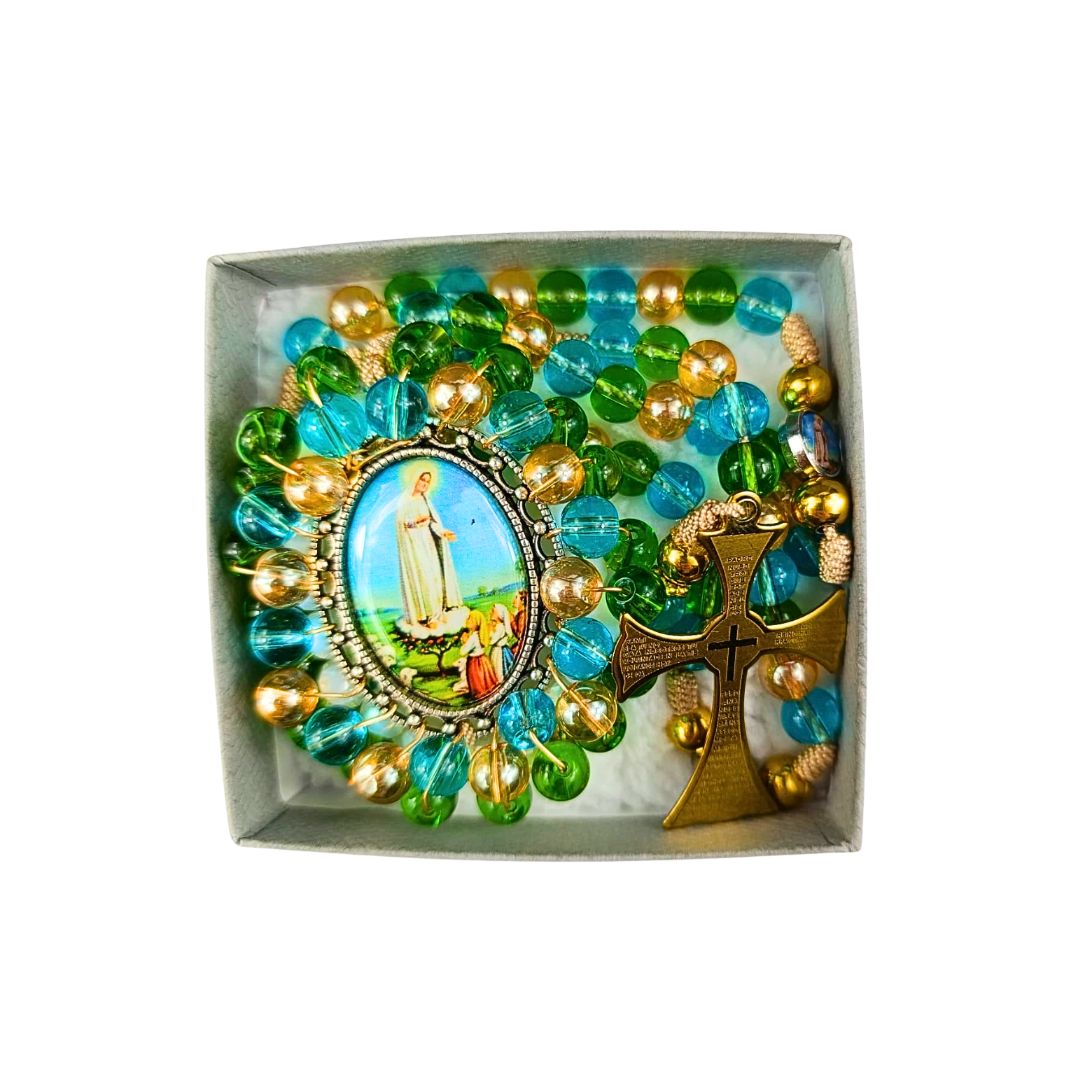 Rosario Virgen de Fátima | Verde Esmeralda Azul y Dorado
