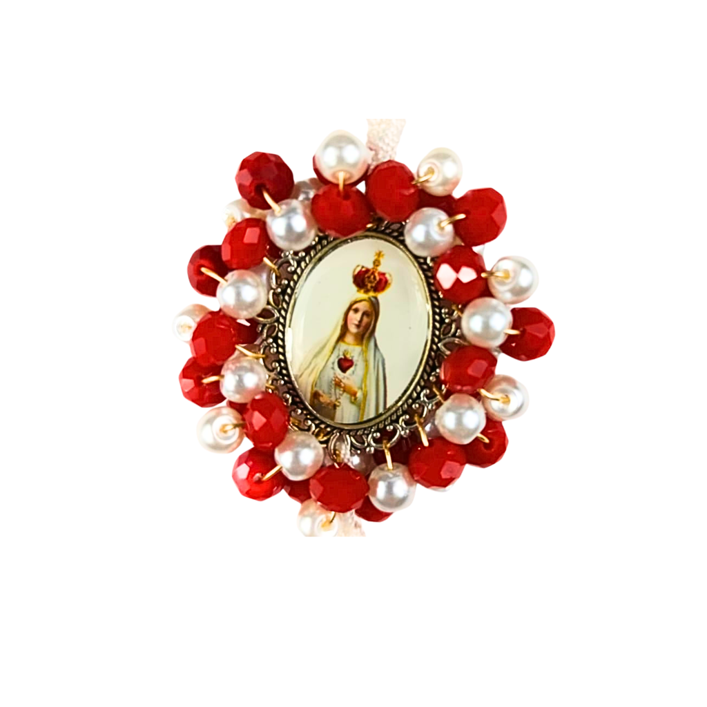 Denario Virgen de Fatima – Perla Blanca Tornasol y Rojo