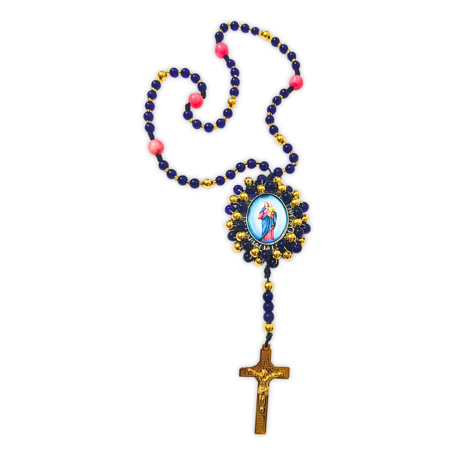 Rosario Virgen María Auxiliadora | Azul Zafiro con Rosas Fucsia