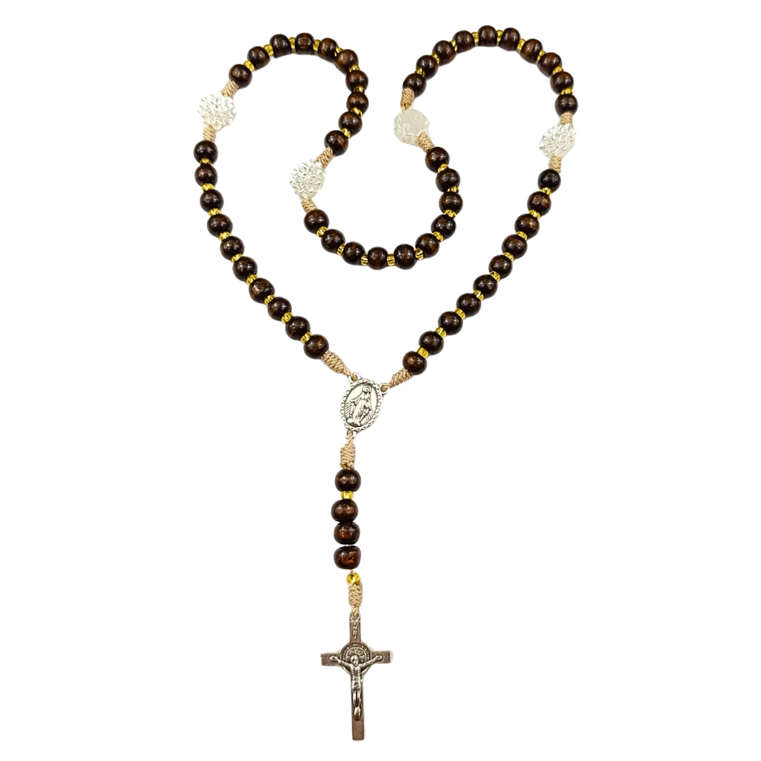 Rosario Virgen Milagrosa | Madera Café con Flores Blancas