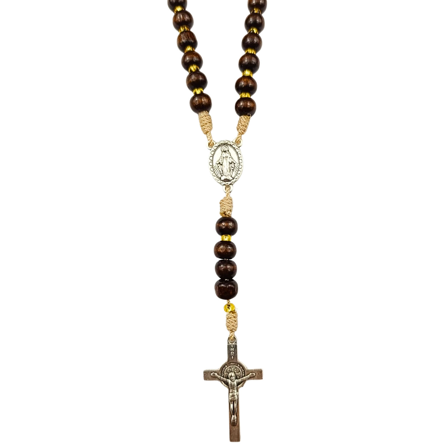 Rosario Virgen Milagrosa | Madera Café con Flores Blancas