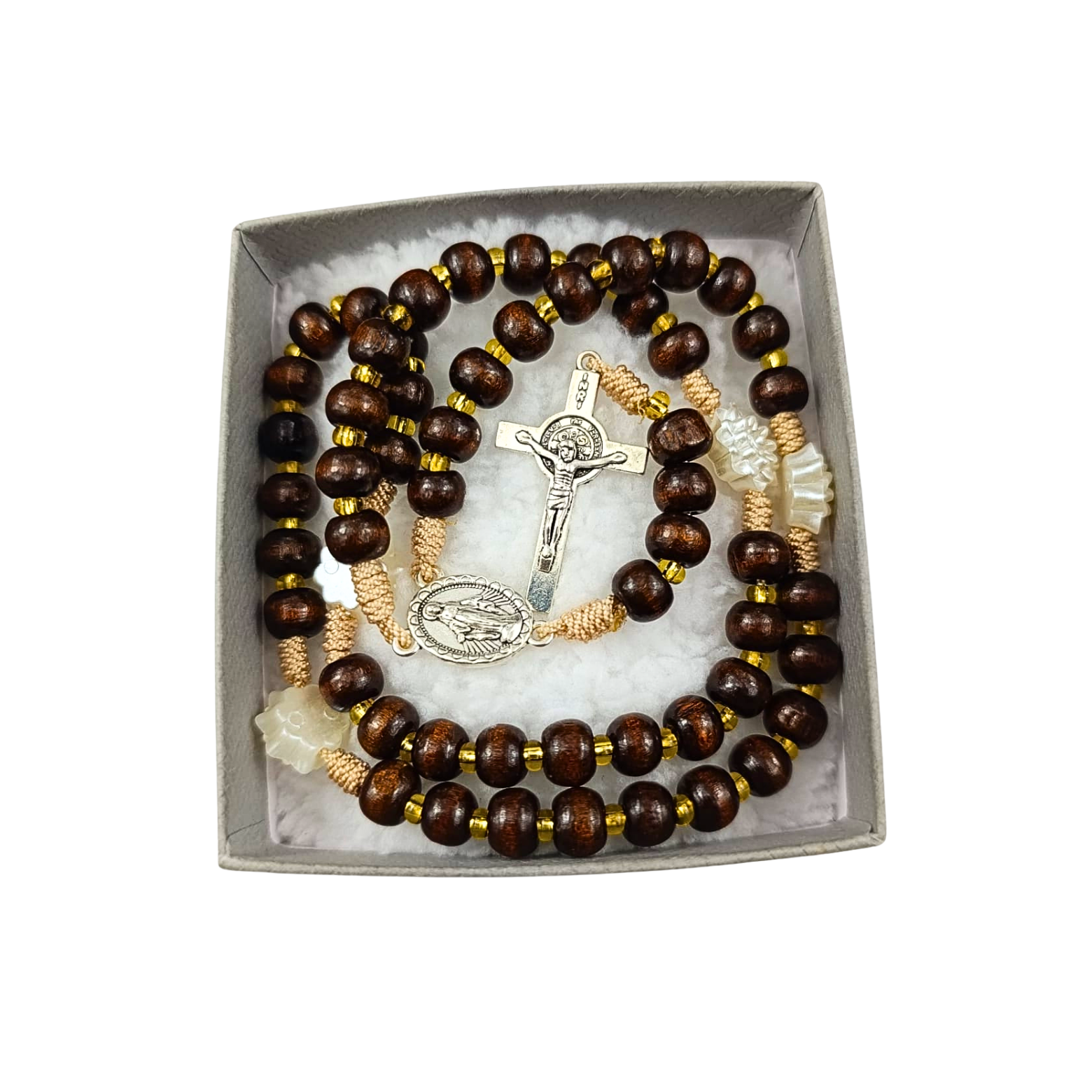 Rosario Virgen Milagrosa | Madera Café con Flores Blancas