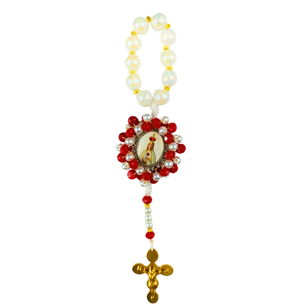Denario Virgen de Fatima – Perla Blanca Tornasol y Rojo