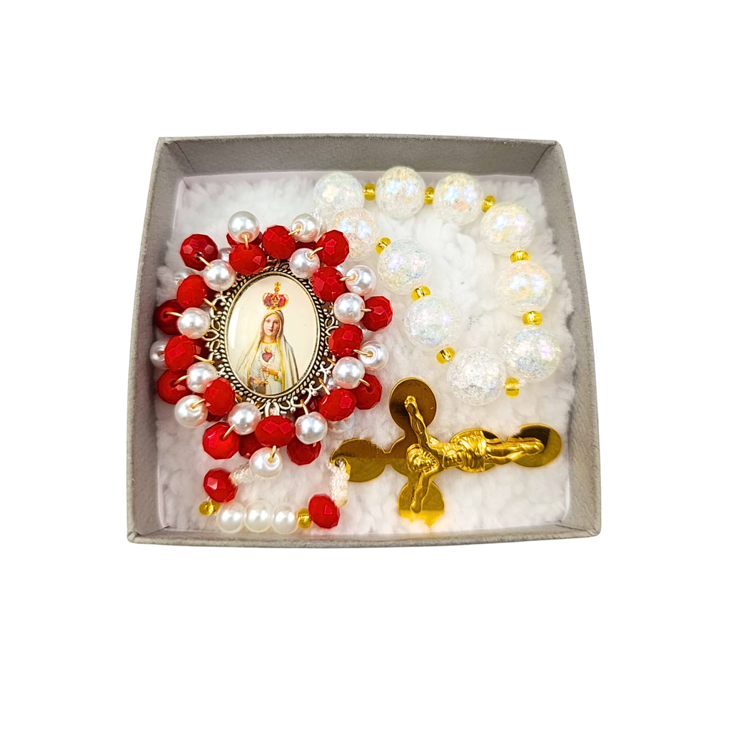 Denario Virgen de Fatima – Perla Blanca Tornasol y Rojo