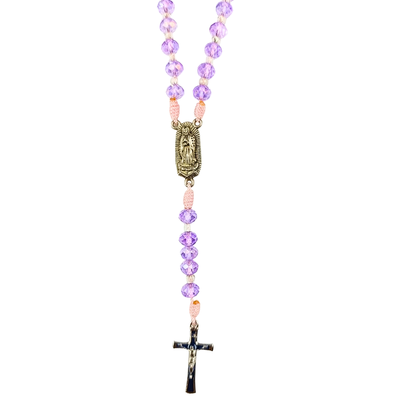 Rosario Virgen de Guadalupe | Lila Cristal con Detalles Rosados