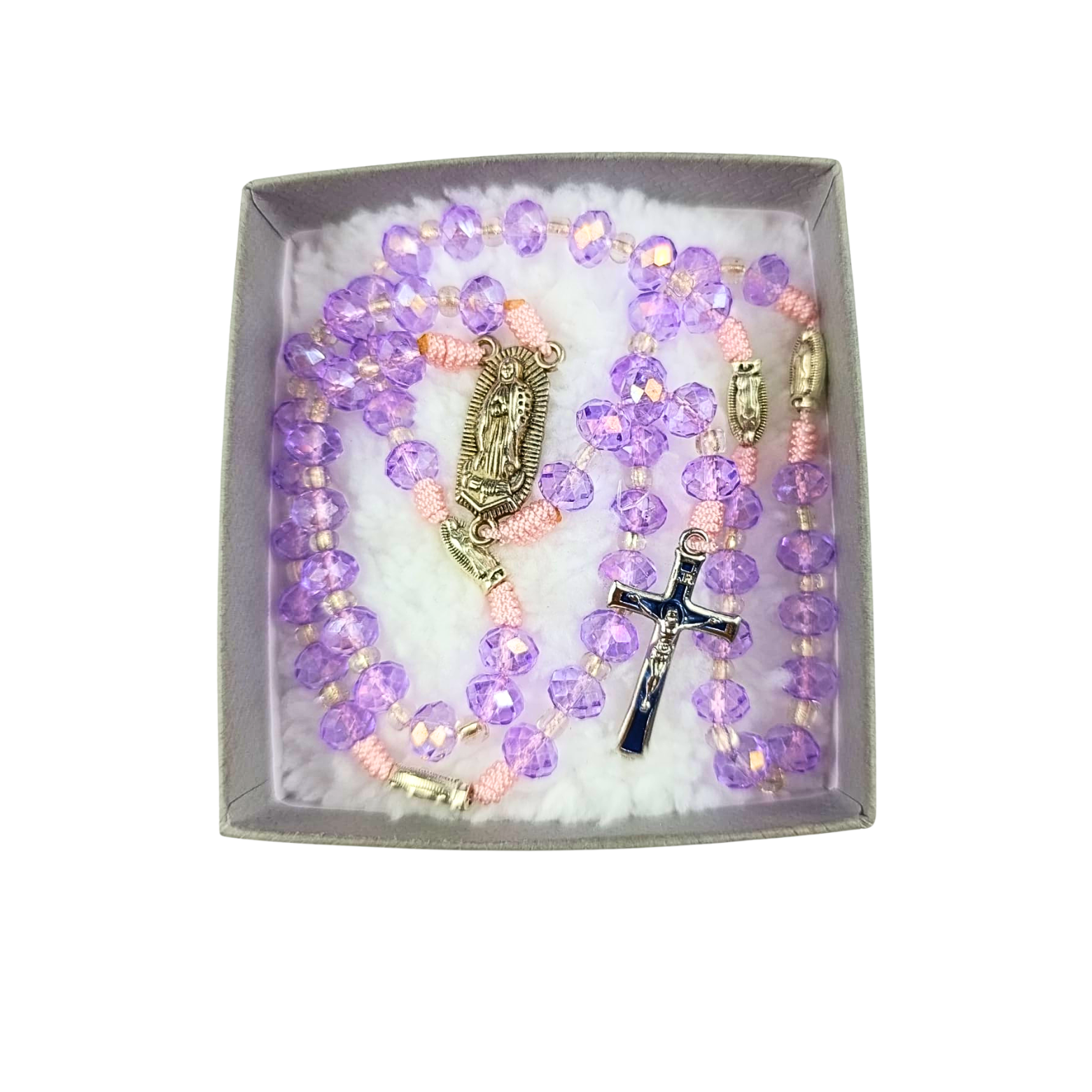 Rosario Virgen de Guadalupe | Lila Cristal con Detalles Rosados