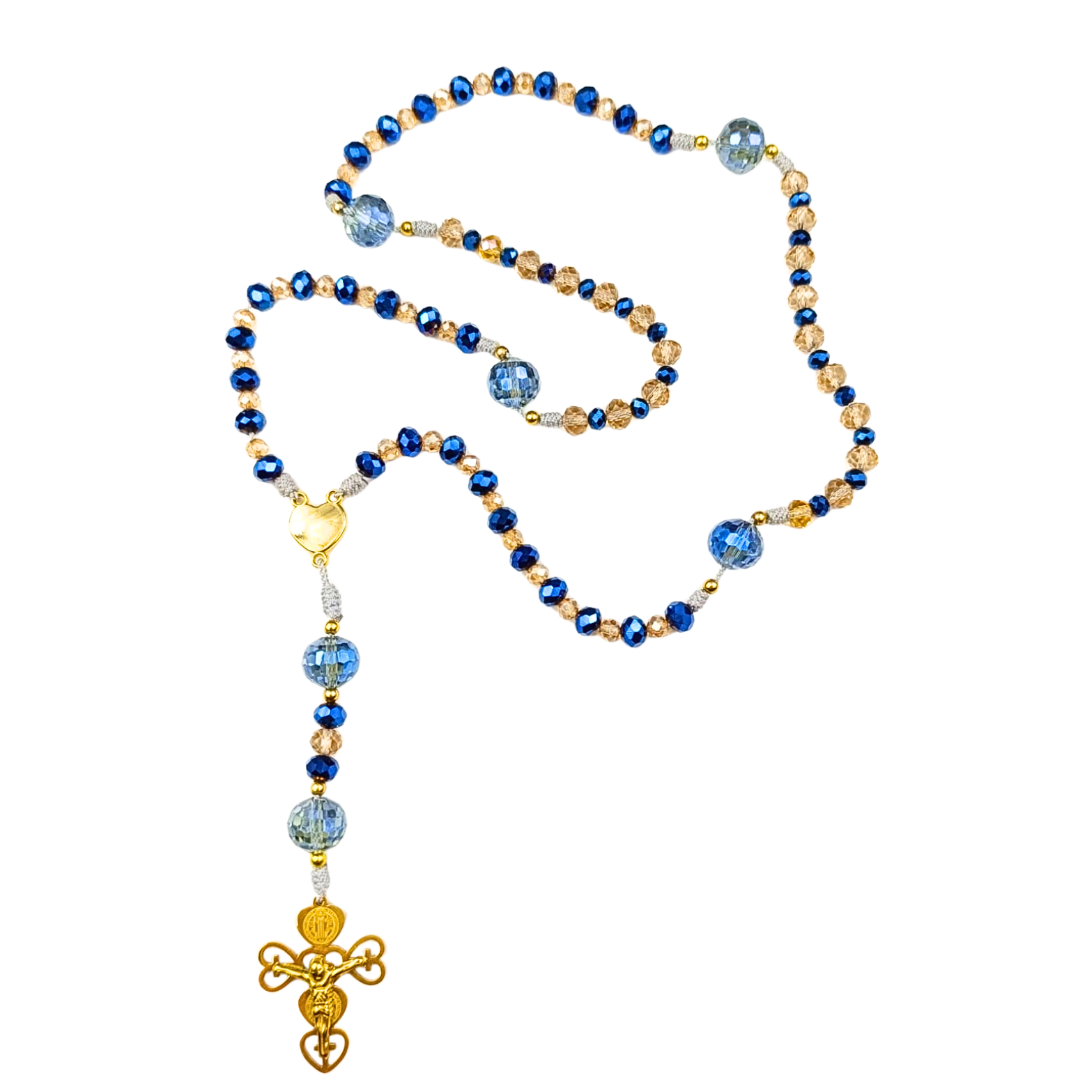 Rosario Sagrado Corazón | Azul y Champagne con Esferas Facetadas
