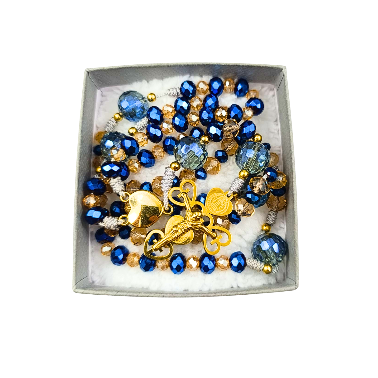 Rosario Sagrado Corazón | Azul y Champagne con Esferas Facetadas