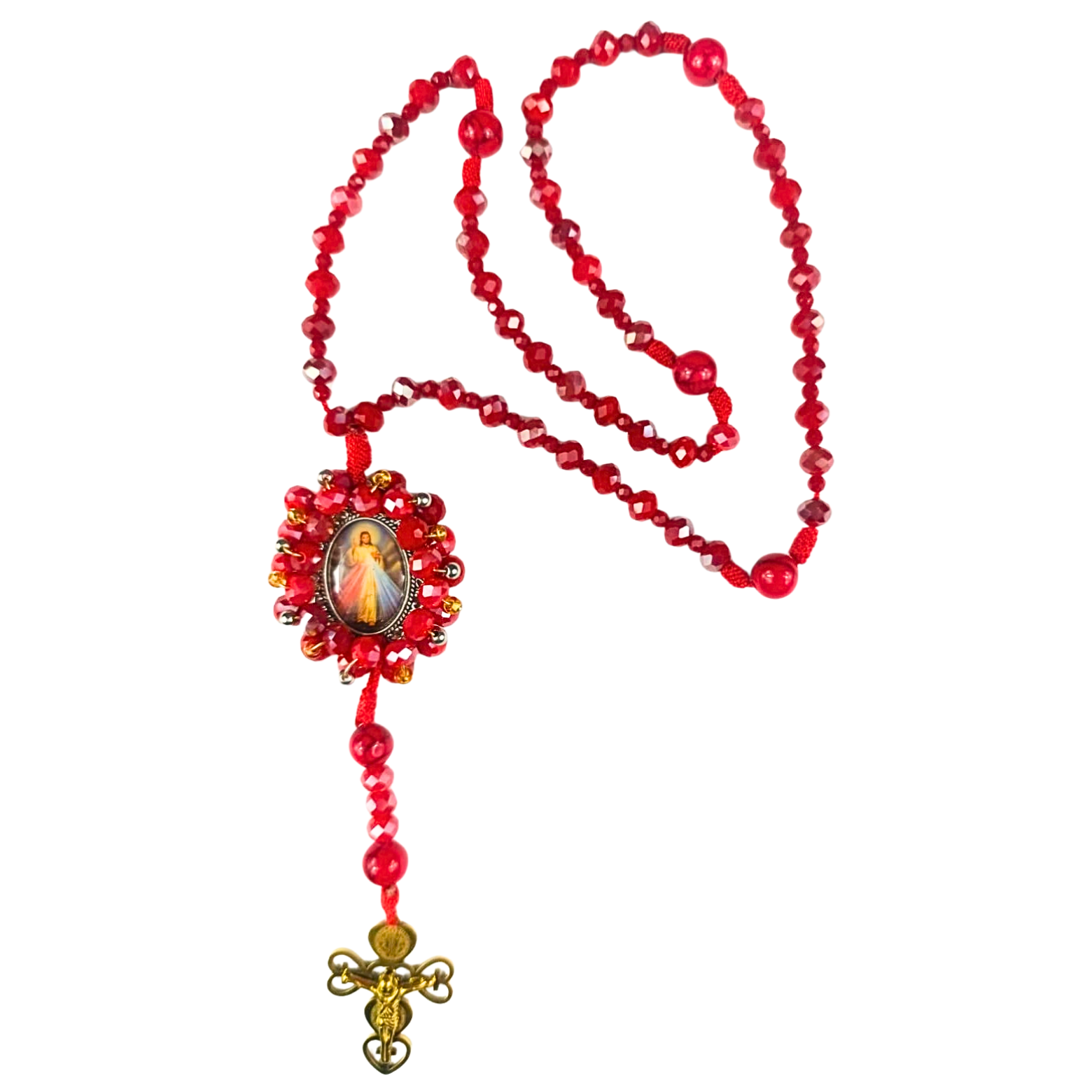 Rosario Sagrado Corazón – Rojo Cristal Facetado Completo