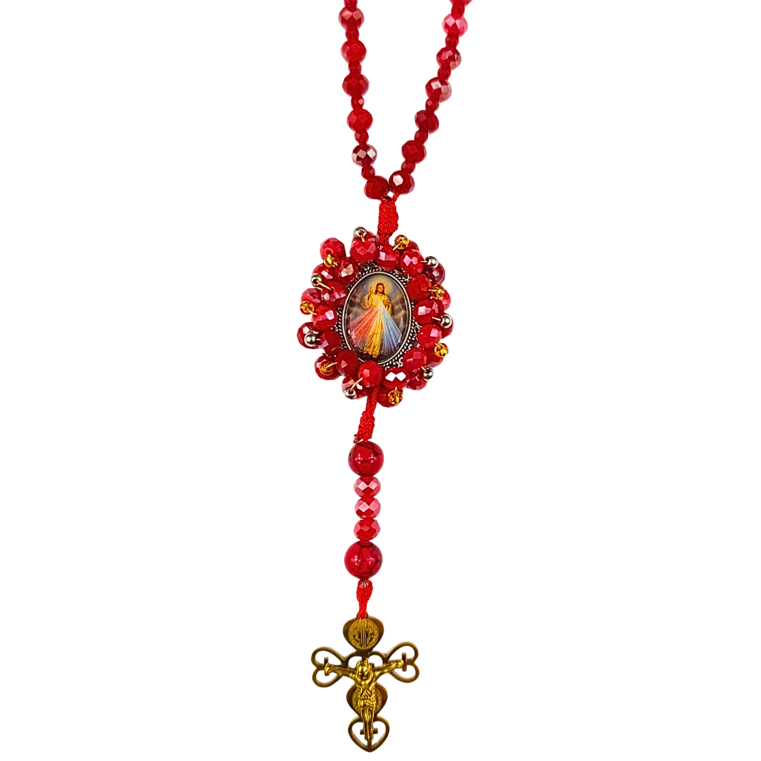 Rosario Sagrado Corazón – Rojo Cristal Facetado Completo